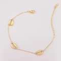 Close-up of golden stainless steel seashell charms on an adjustable link chain bracelet - Three Shell Bracelet (E2187)