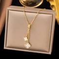 Elegant gold double clover necklace with white mother of pearl and zircon pavé charms - White Shell Four Leaf Clover Style / Gold