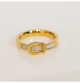 Detail of rose gold buckle ring featuring shell inlay and Love Forever engraving - US 6 / Gold