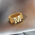 Golden woven mesh ring with letter M and MOM engraving plus a delicate drop chain - US 9 / Ring / Gold