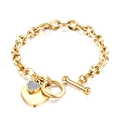 Gold double heart charm bracelet with paved stones and toggle clasp for women - Gold