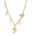 Golden titanium steel necklace featuring marine animal charms and white baroque pearls - Pearl Dolphin Necklace (H1194)