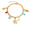 Gold stainless steel ocean-themed bracelet with starfish, shells and colorful charms - Colorful Stone Pearl Starfish Bracelet (E2110)
