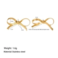 Golden stainless steel bow stud earrings with dimensions and 1.6g weight details - Short Earrings (XKE0503) / Gold