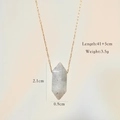 Detailed macro view of hexagonal stone pendant necklace with dimensions and size marking - Labradorite