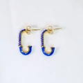 Detail of safety pin earrings with blue zircons and enamel on 14K gold plated steel - Safety Pin Stud Earrings / Dark Blue