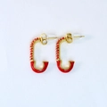 Detail of red enamel and zircon crystals on 14K gold plated safety pin earrings - Safety Pin Stud Earrings / Red