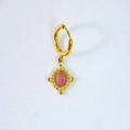 Detail of vintage 14k gold plated earring with pink faceted stone and cross sunburst design - Rhodochrosite Earrings
