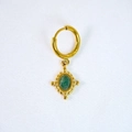 Close-up of European court style gold earring with green stone and vintage beadwork - African Jade Earrings