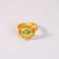 Detailed macro shot of 14K gold stainless steel sunburst ring with turquoise stone - Radiant Sun Turquoise Evil Eye Open Ring (Ring 2)