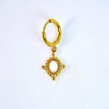 Macro detail of gold hoop earring featuring a white oval stone in a vintage frame - White Jade Earrings