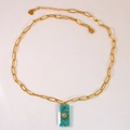Detail of 14K gold paperclip chain necklace with green amazonite and sun pendant - Rectangular Amazonite Paperclip Chain Necklace (Necklace 3)