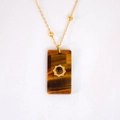 Vintage style gold chain necklace featuring rectangular tiger eye stone pendant with sun motif - Tiger Eye