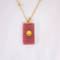 French vintage pink natural stone pendant necklace with gold sun motif and beaded chain - Rhodonite