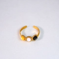 Detail of 14K gold stainless steel ring with yellow, white, and black shell inlays - Single Layer Wave Texture Style (Style 1)