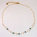 Detail view of gold chain necklace featuring white pearls and green square malachite beads - Malachite Pearl Handmade Chain