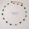 Detailed close-up of green natural stone beads and gold stainless steel chain with S.steel tag - Green Jade Handmade Chain