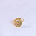 Vintage style gold ring with oval grey stone inlay and embossed eight-point star motif - Adjustable Open / Gold-White Jade Ring