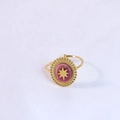 Adjustable golden ring with oval pink stone and embossed star on white fabric - Adjustable Open / Gold-Rhodochrosite Ring