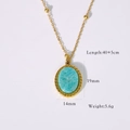 Detailed view of oval blue natural stone necklace with gold twist edge and dimensions - Amazonite