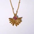 Collier bohème en forme d'éventail en acier inoxydable doré 14K avec pierre rose facettée - Améthyste