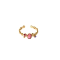 Gold adjustable open ring with pink oval stone and purple accent gems in minimalist style - Rhodonite