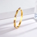 Close-up of gold-plated bangle with five rectangular purple zircons on a white pedestal - Pink Zirconia (YB640) / Pink