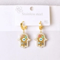 Golden stainless steel Hamsa Hand earrings with colorful Evil Eye stones and rhinestones - Hamsa Hand Hollow Evil Eye Pendant Earrings