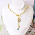 Vintage Hamsa Hand and Evil Eye gold pendant necklace with OT toggle clasp chain - Hamsa Hand Hollow Evil Eye Pendant Necklace