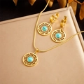 Golden titanium steel sunburst jewelry set with turquoise inlay and sleek snake chain - Gold Necklace And Earrings (YN998)