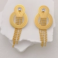 Golden geometric circle drop earrings with zircon inlay and hanging metal ball chains - Earrings (N1029)