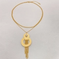 Detailed view of layered gold titanium necklace featuring a geometric tassel pendant and zircon - Necklace (N1029)