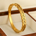 Fashionable golden titanium steel bangle with double-row rhombic petal pattern on wood box - Staggered Oval Scale Style (B754 Gold)