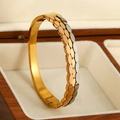 Elegant tricolor stainless steel diamond pattern bangle shown in a premium wooden box - Three-Tone Staggered Scale Style (B754 Tricolor)