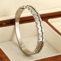 Macro shot of silver titanium steel bangle with double row oval interlaced pattern - Staggered Oval Scale Style (B754 Silver)