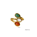Gold plated open ring with three oval gemstones in emerald, white, and orange stones - African Jade, White Jade and Red Agate