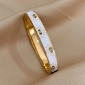 Golden woven opening bracelet with white enamel and blue evil eye patterns - Evil Eye Enamel Style (B609)