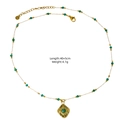 Elegant 14K gold plated stainless steel necklace with green beads and square pendant - Green Beaded Square Plate Style (XBX25091602)