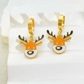 Detail of golden reindeer earrings with orange enamel finish on white stone stand - Elk Earrings