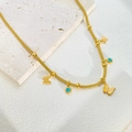 Detail of woven mesh gold necklace featuring matte butterflies and turquoise beads - Gold Butterfly