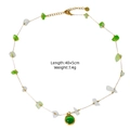 14K gold plated stainless steel necklace featuring green crushed stones and natural pearls - Green White Crushed Stone Cat Eye Style (XBX25091624)