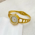 Detail of gold hollow quartz bangle watch with sparkling rhinestones and white dial - Quadrilateral Style