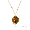 Collier élégant en chaîne dorée avec pendentif œil de tigre rond et perles en métal épurées - Style Pierre Encastrée Sphérique (XBX25091713)