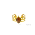 Bague dorée à trois couches avec pierre œil de tigre marron en forme de poire - Style Bague Ouverte Creuse Triple Gemme en Goutte (XBX25091738)