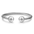 Minimalist silver stainless steel twisted cable cuff bangle with smooth round beads decoration - Steel