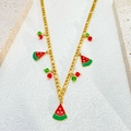 Golden titanium steel necklace featuring colorful summer watermelon and cherry charms - Watermelon Necklace / Gold