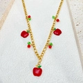 Sweet gold-plated stainless steel necklace featuring red enamel apple pendants and beads - Apple Necklace / Gold