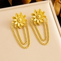 Detail of golden daisy earrings with triple chain tassels on a soft beige jewelry box - Daisy Style / Gold