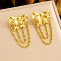 Polished gold stainless steel bow earrings with triple layered fringe tassels for women - Bowknot Shape / Gold