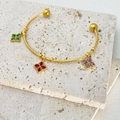 Golden stainless steel open bangle with three colorful four-leaf clover charms on stone - Clover Style (B1150)